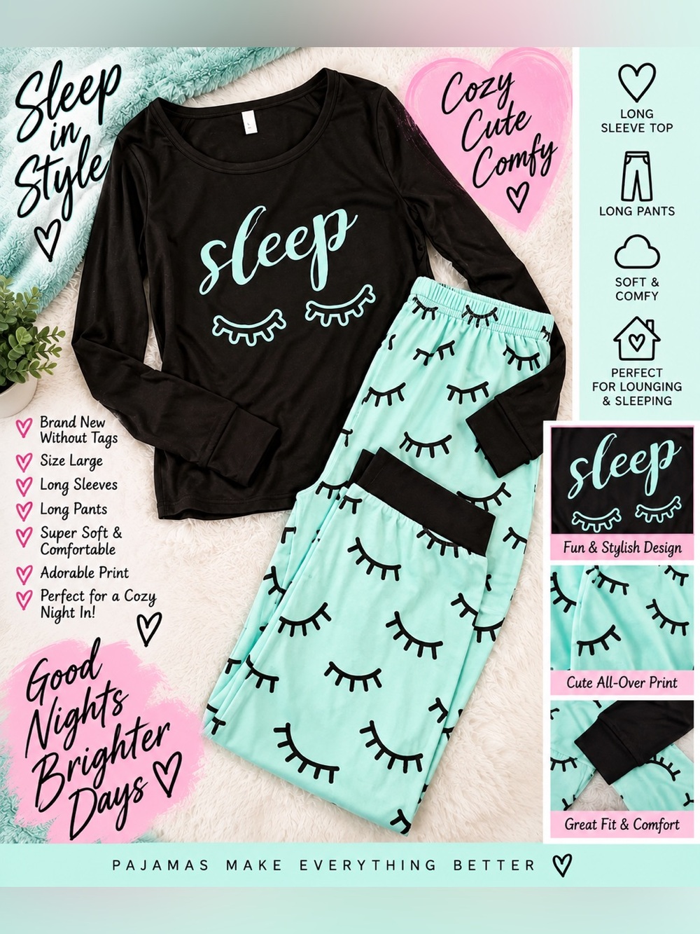 Women’s'Sleep' Pajama Set - Black Top & Mint Eyelash Pants
